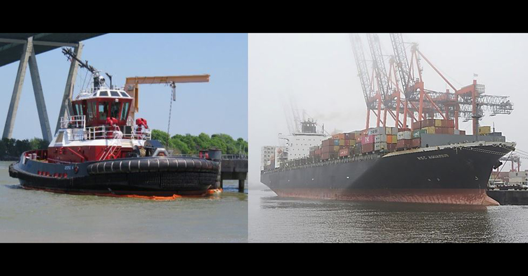 The George M (left) is pictured after the collision and the MSC Aquarius (right) is pictured in September 2022.