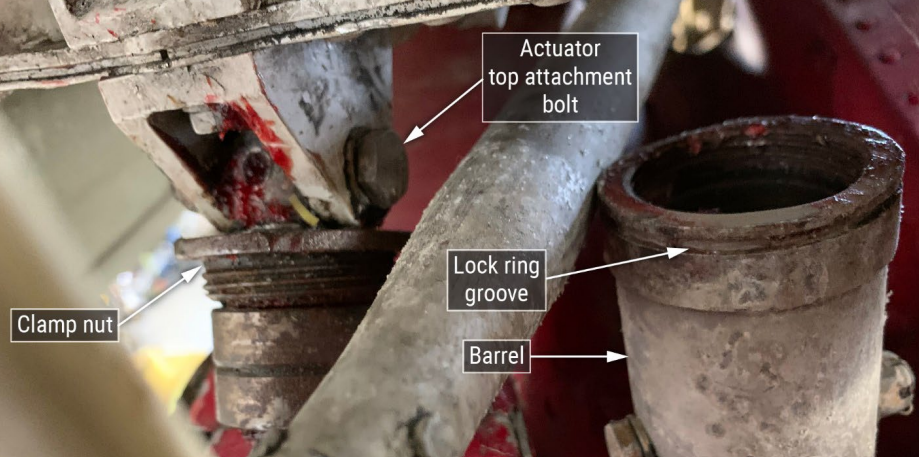 The components in the flight control system as found in the wreckage. The clamp nut became disconnected from the barrel during t