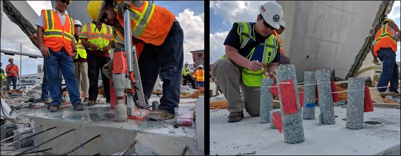 NTSB investigators and contractors remove and catalogue core samples from the pedestrian bridge deck
