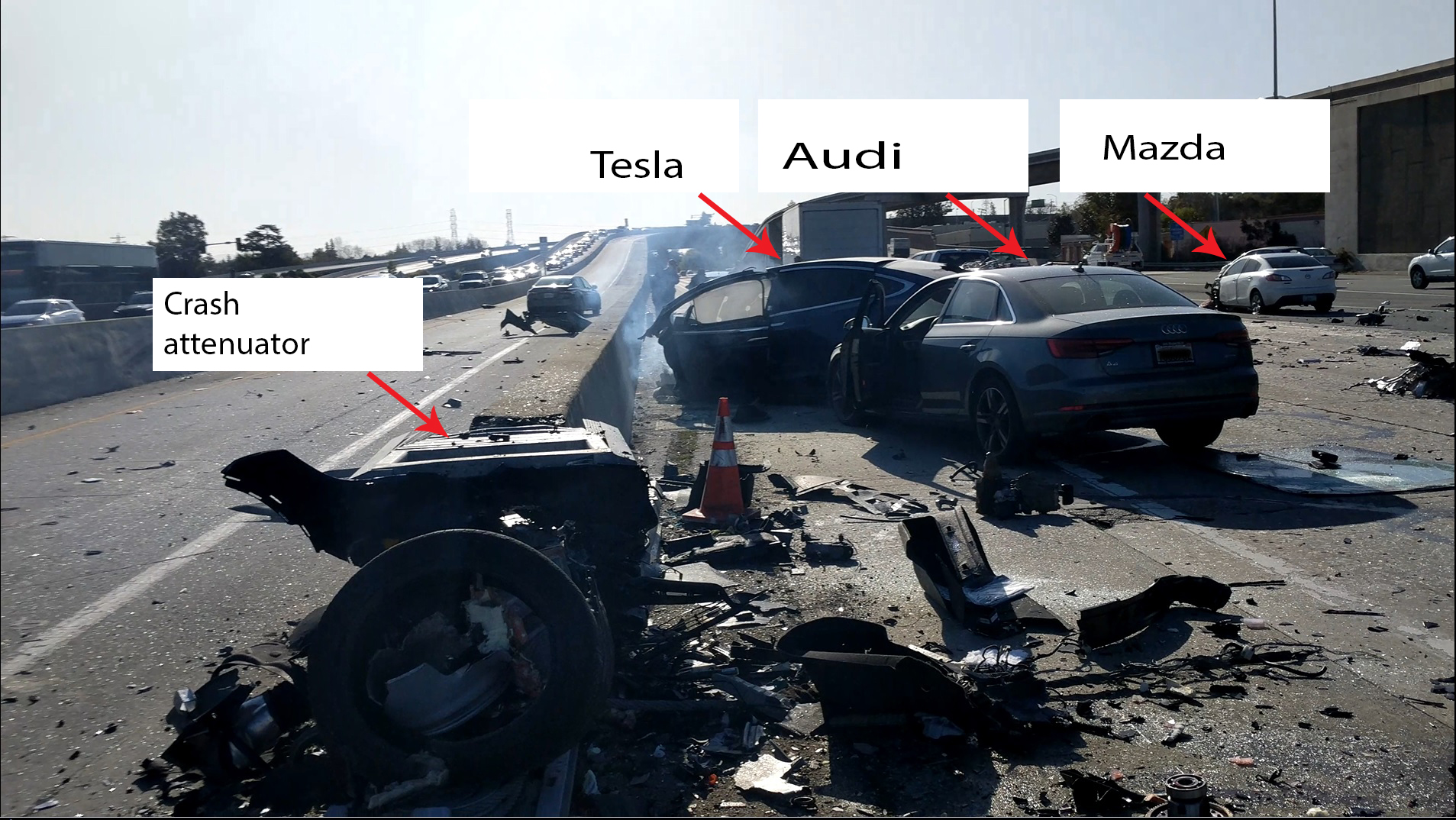 Photo of the final rest locations of the Tesla, Audi and Mazda vehicles.