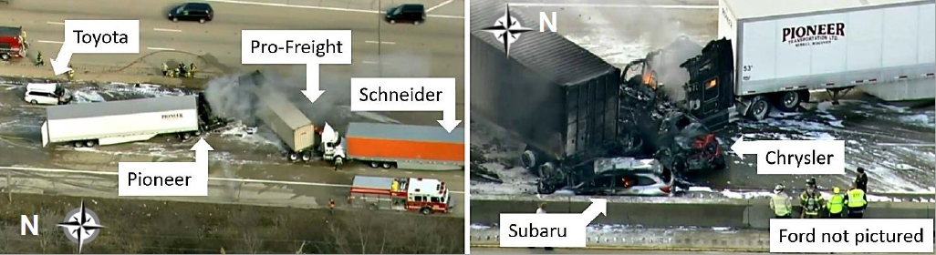 Images, taken on the day of the crash, show six of the seven vehicles involved in the March 1, 2018, Elmhurst, IL, collision.