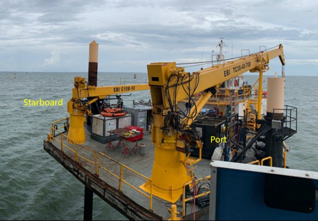 The liftboat Kristin Faye is seen in an elevated position alongside Platform AQ in this photo taken before the accident.