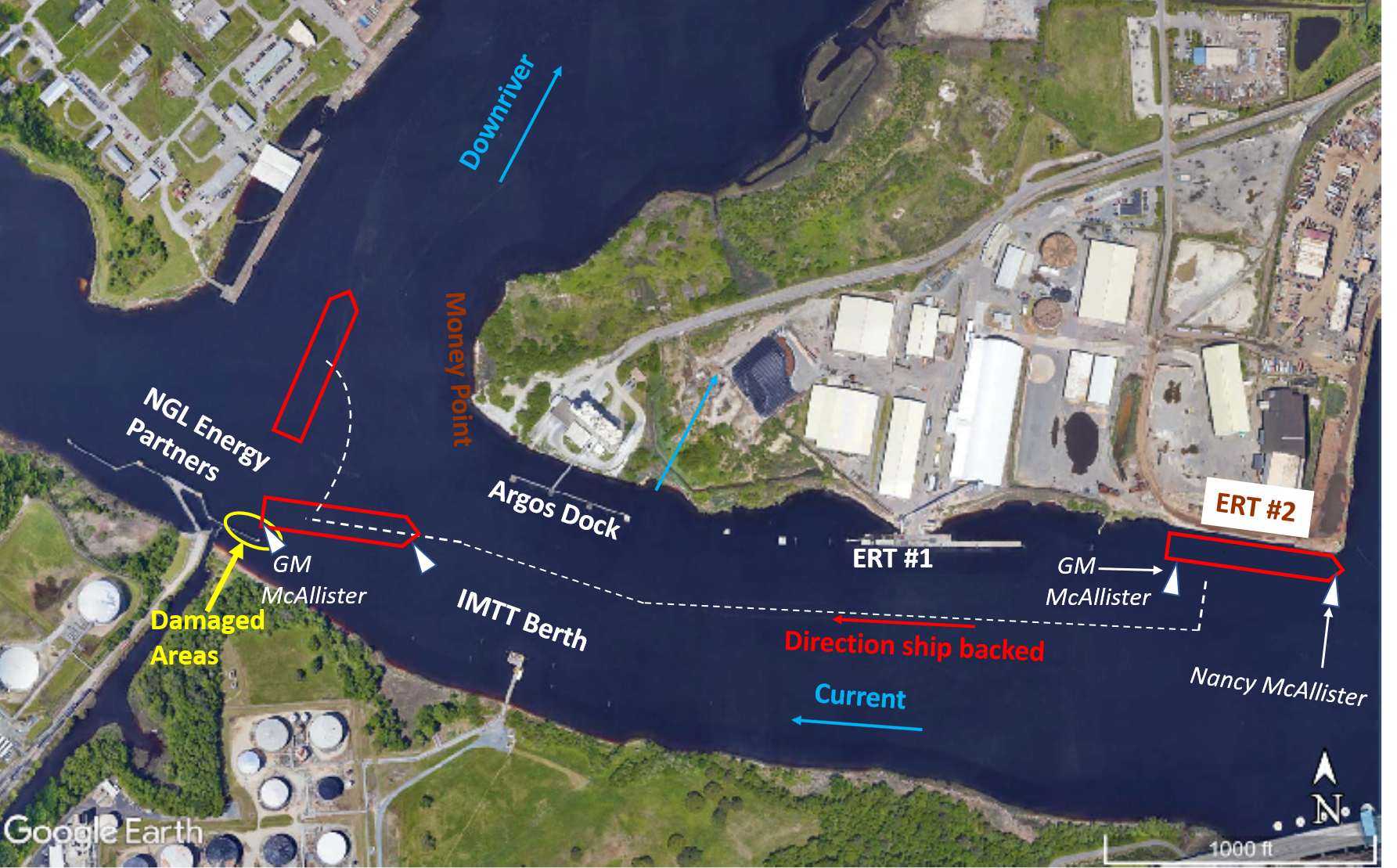 Detailed satellite image of the area where the G.M. McAllister contacted the NGL Energy Partners wharf.