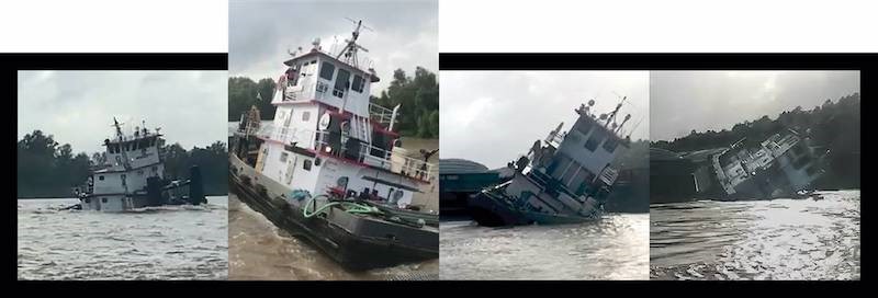 Sequence of events as the Miss Roslyn headed toward moored barges with a heavy list to starboard and eventually capsized.