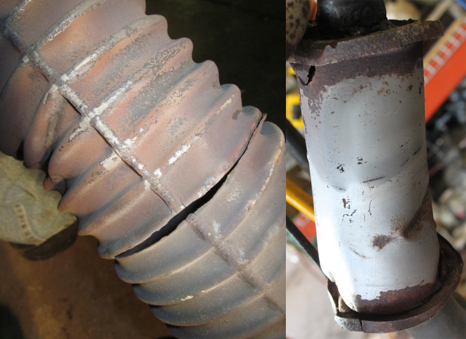 Two photos of cracked engine exhaust mufflers.