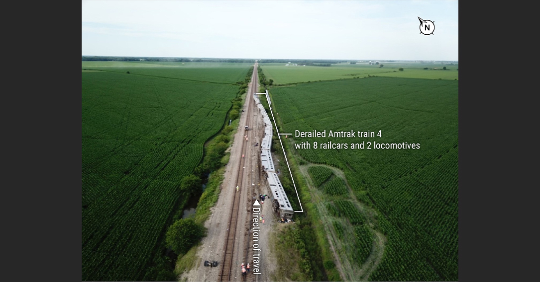 Aerial view of the accident scene, derailed Amtrak train 4 after the collision