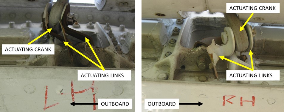 In these photos taken October 21, 2021, the left and right elevator geared tab links and actuating cranks of the accident MD-87 