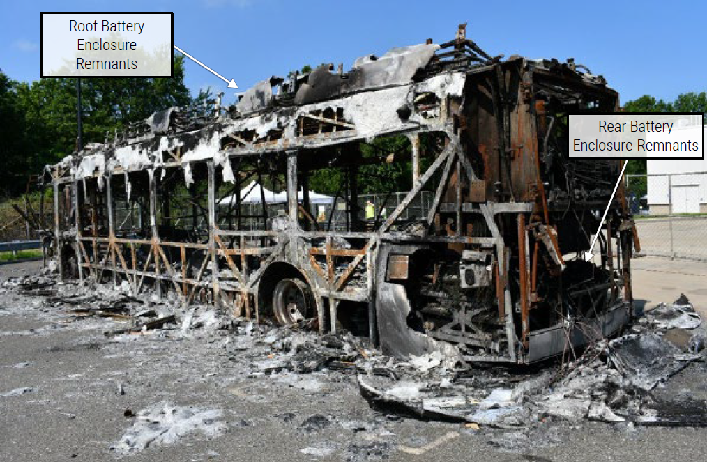 Photo of the burned out bus frame photographed from the left rear side