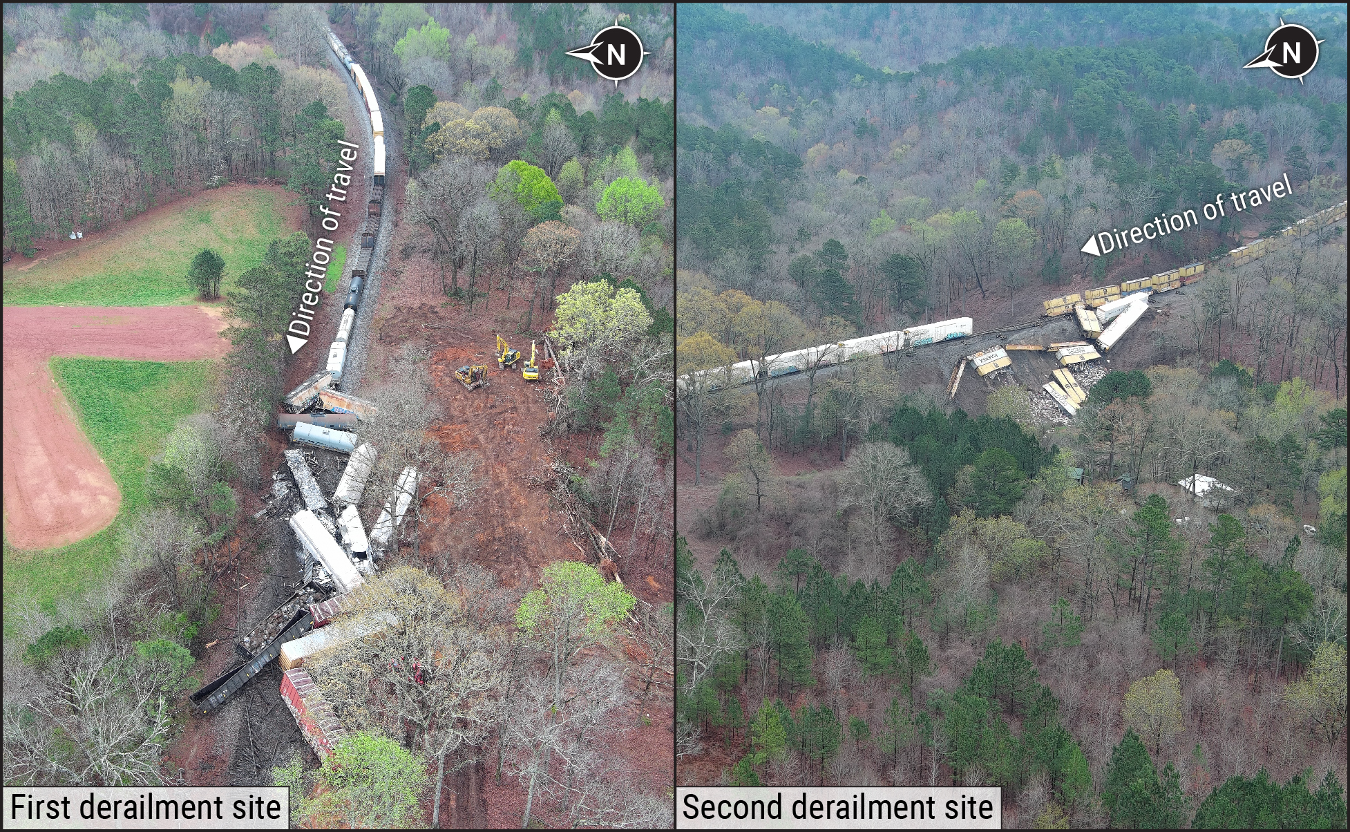 Aerial view of the first derailment site (left) and the second derailment site (right). 