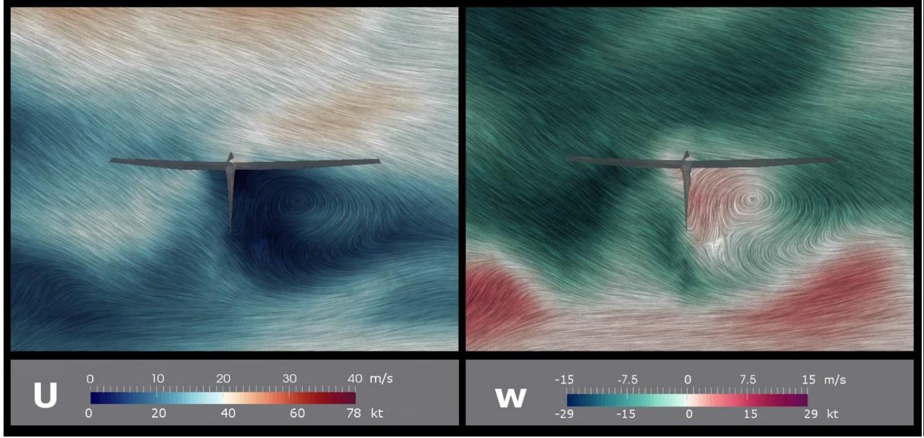 This figure is a vertical cross-section visualization of wind simulation results
