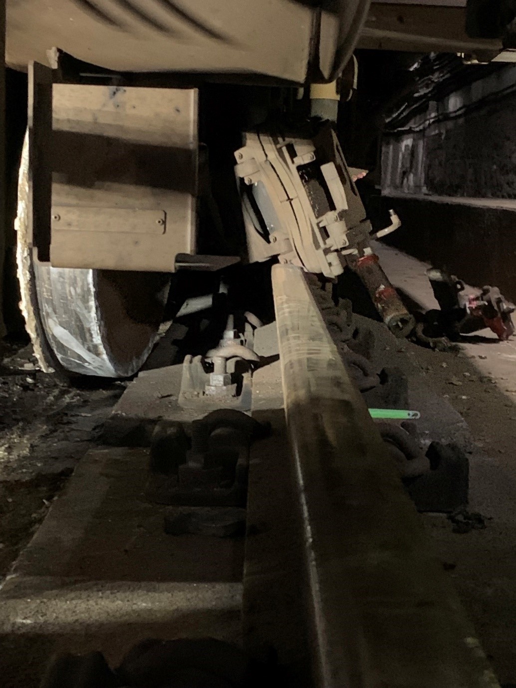 This photo shows the lead axle at the final derailment site in the tunnel.  