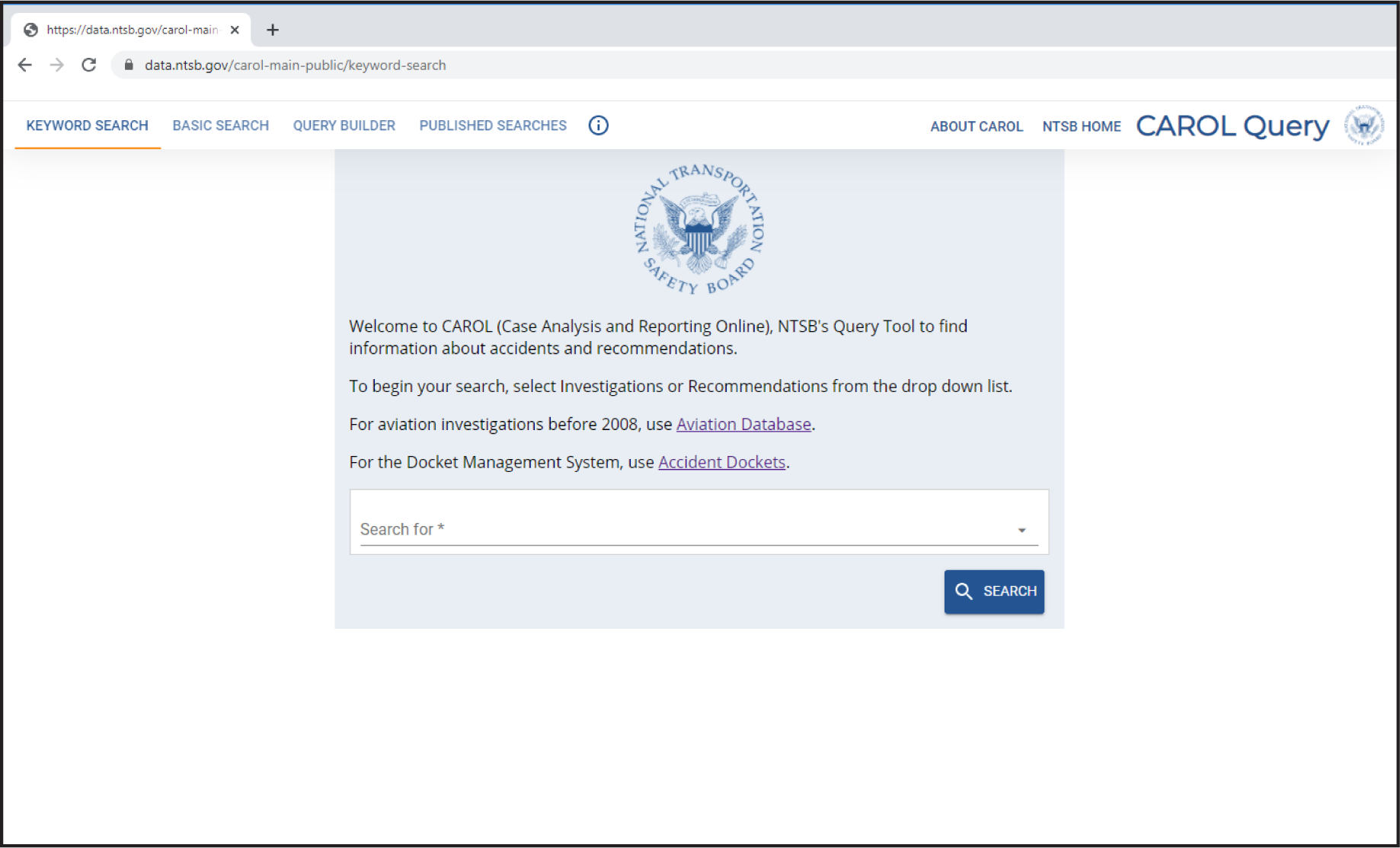 Image of the CAROL query tool on the NTSB website.